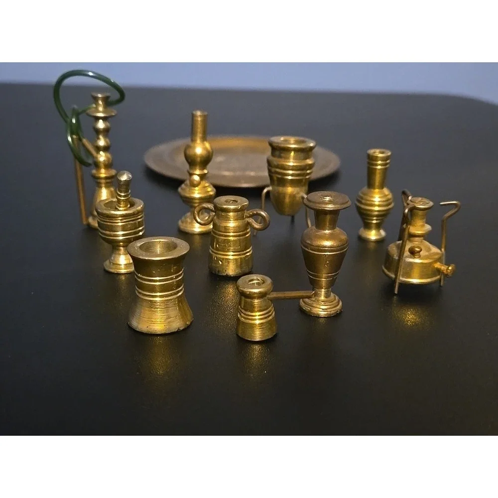 Vintage BRASS LOT 12 PIECES Dollhouse Miniature Vases Cup Urn Candlestick Hookah